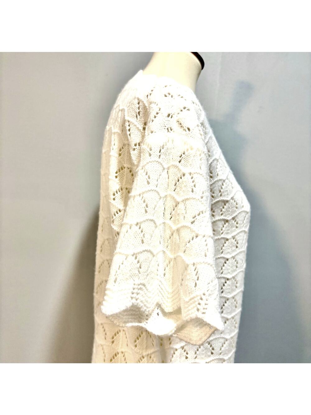 White Scalloped Crochet Short Sleeve Top V-Neck Boho Cottagecore Sweater, Size L